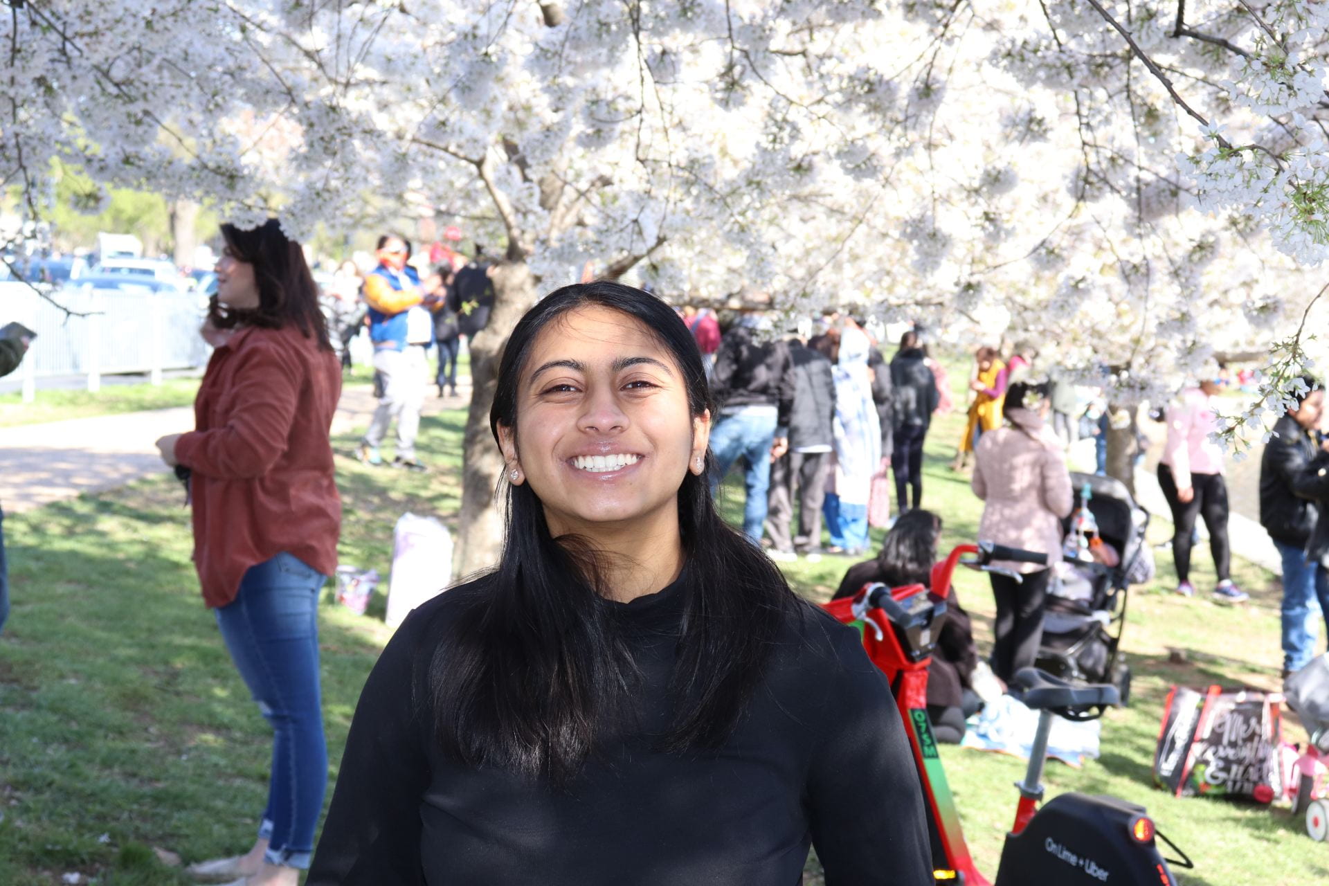 Vinithra Sudhakar posing for photo with the cherry blossoms at the Tidal Basin in Washington, DC