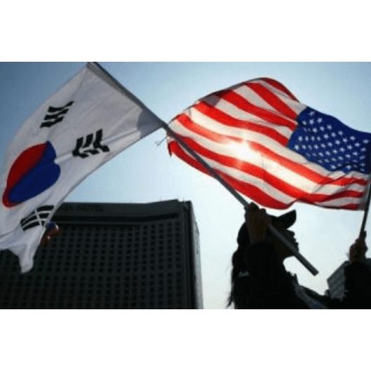 person holding up the flags of South Korea and the US under the sun