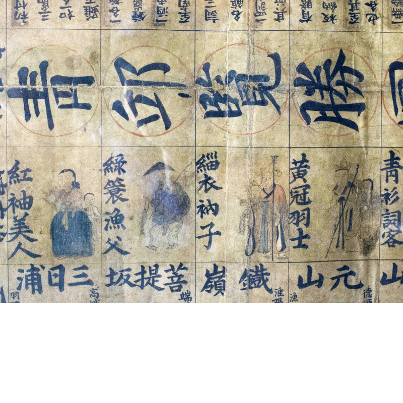 Old Korean board with Chinese characters and drawings of people