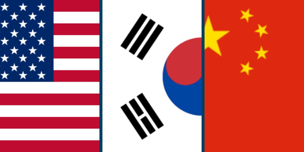 flags of the United States, South Korea, and China