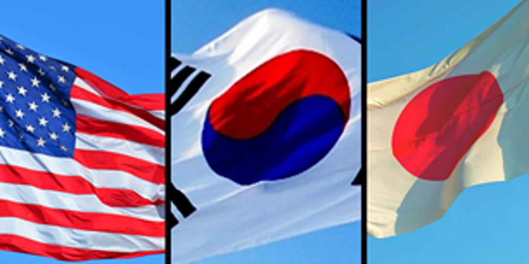 collage of the flags of the US, South Korea, and Japan