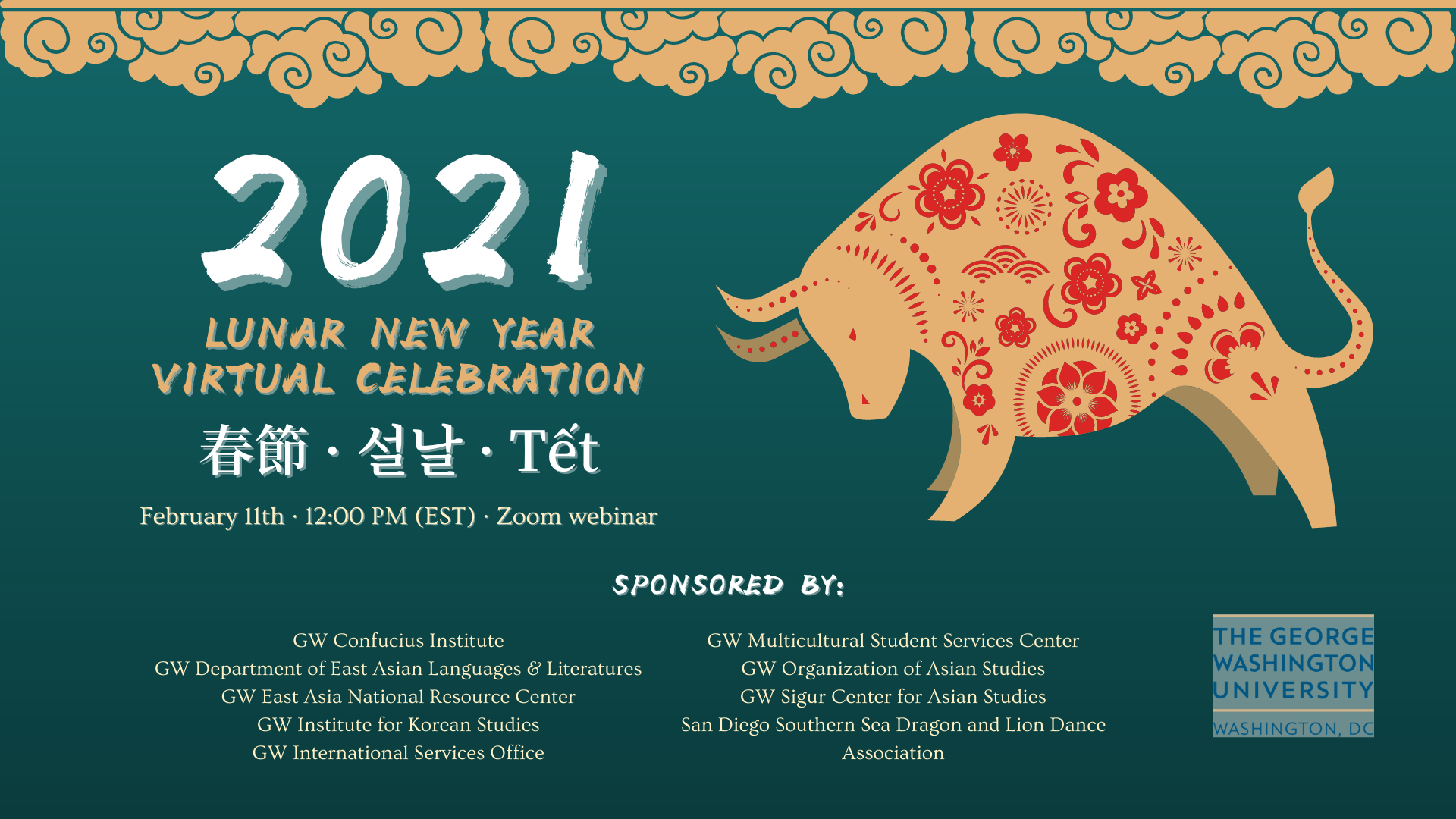 event flyer with bull stock art; text: 2021 Lunar New Year Virtual Celebration